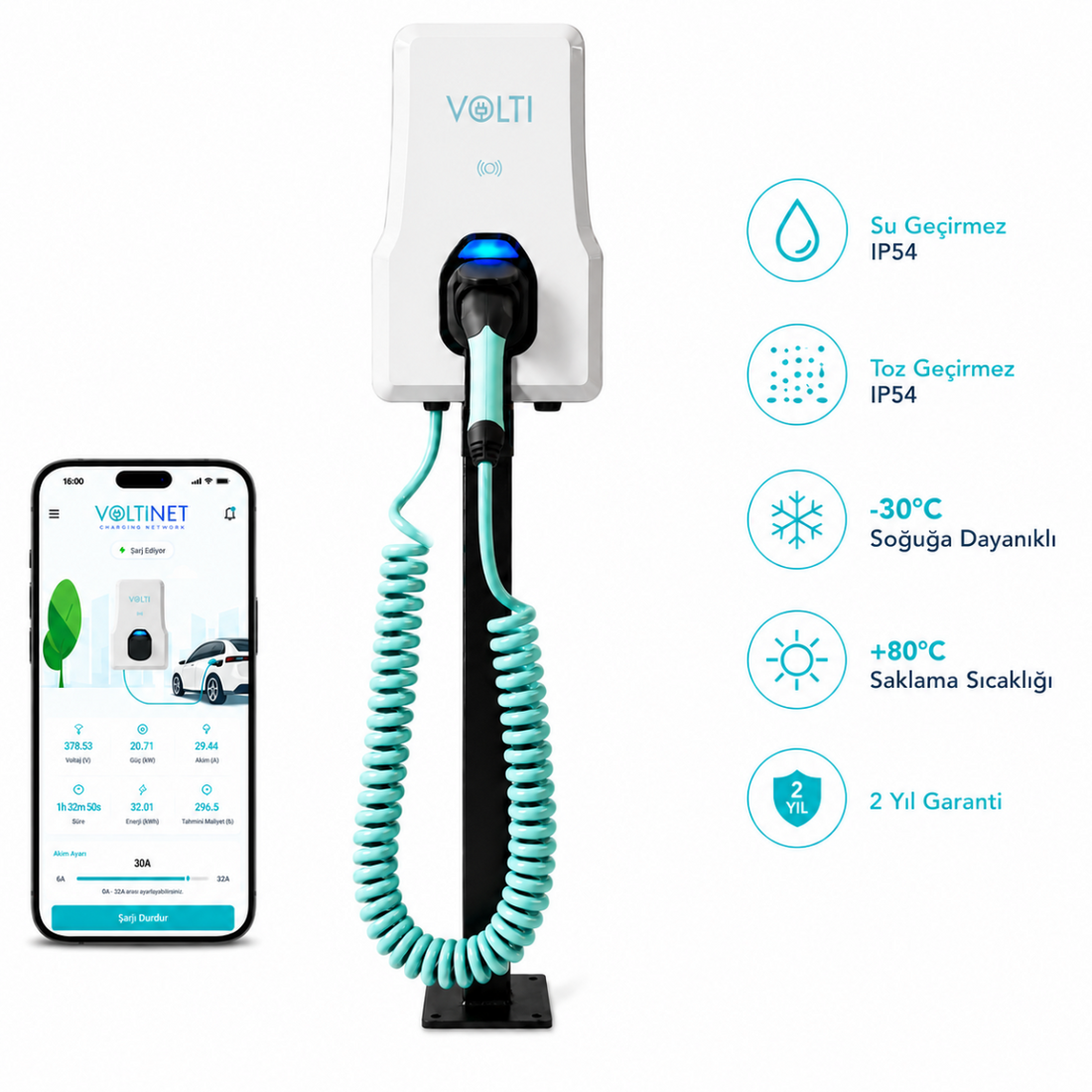Volti Home Kurumsal Elektrikli Araç Şarj İstasyonu 22 kW | Type 2 | 32A | 380V Trifaze Spiral Kablolu