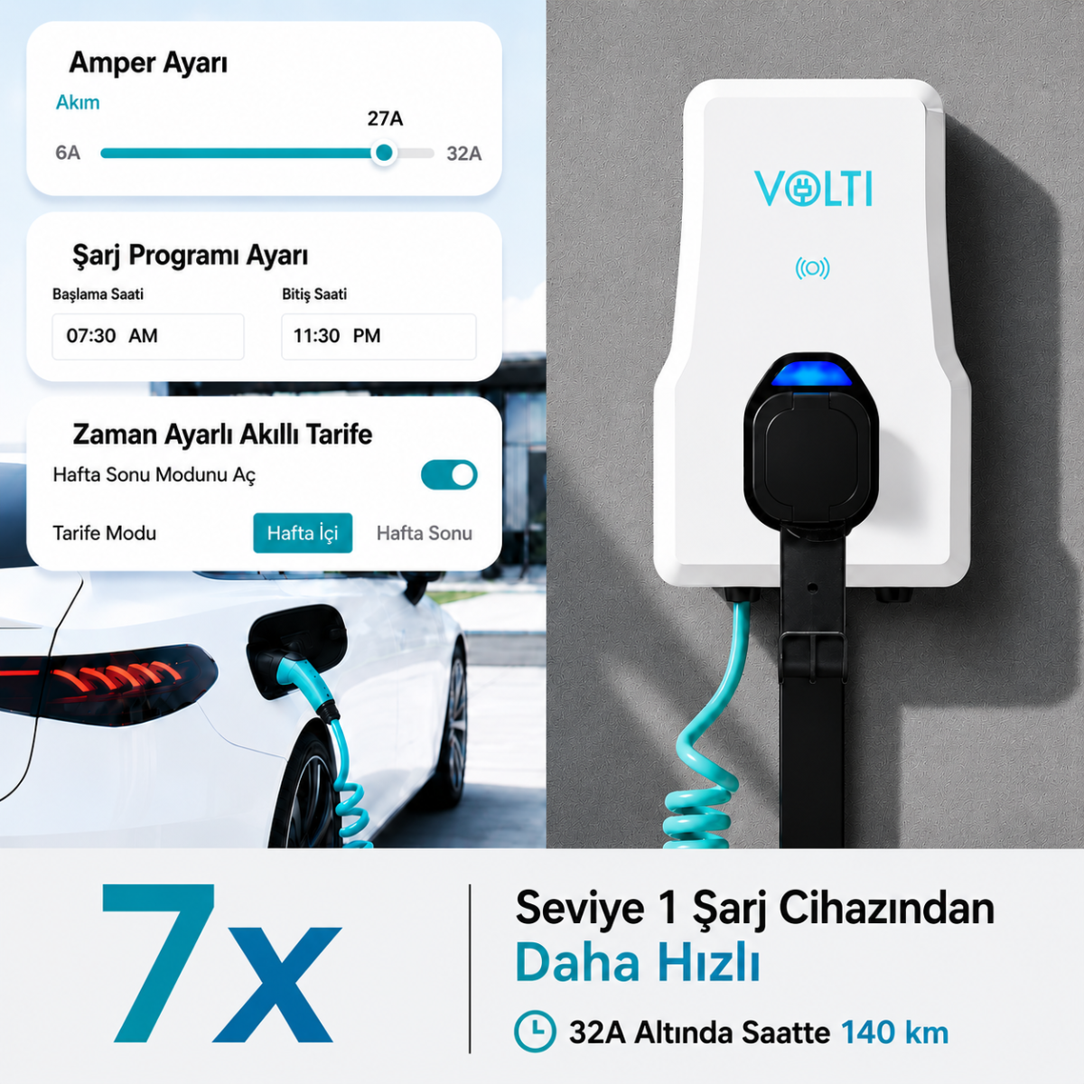 Volti Home Duvar Tipi Elektrikli Araç Şarj İstasyonu 22 kW | Type 2 | 32A Trifaze Spiral Kablolu