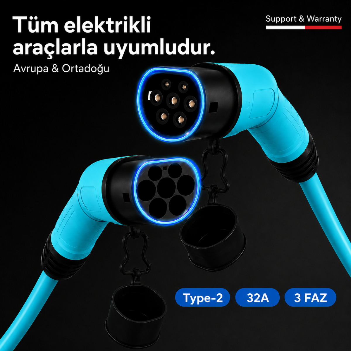 Volti Cable Elektrikli Araç Şarj Kablosu  22 kW | Type 2 | 32A Trifaze Düz Kablolu