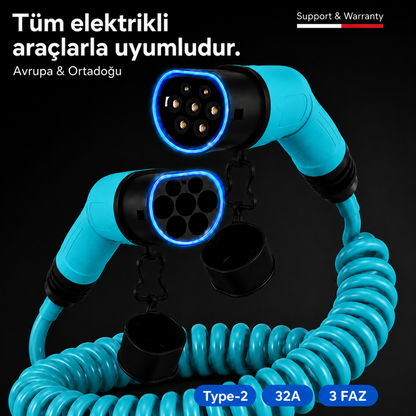 Volti Cable Elektrikli Araç Şarj Kablosu 22 kW | Type 2 | 32A Trifaze Spiral Kablolu