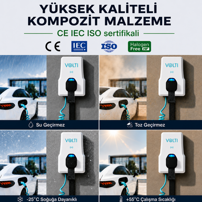 Volti Home Duvar Tipi Elektrikli Araç Şarj İstasyonu 22 kW | Type 2 | 32A Trifaze Spiral Kablolu