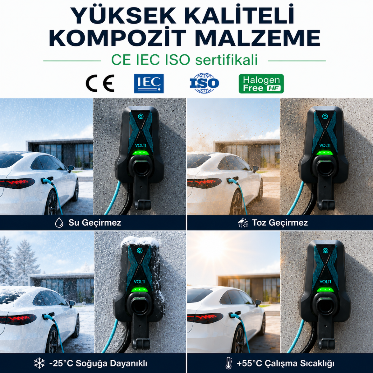 Volti Home Duvar Tipi Elektrikli Araç Şarj İstasyonu 7.4 kW | Type 2 | 32A Monofaze Düz Kablolu