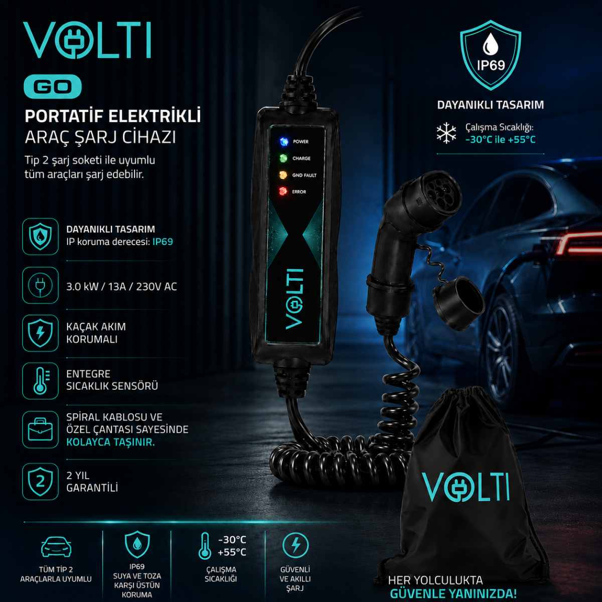 Volti Go Portatif EV Araç Şarj Cihazı 3 kW | Type 2 | 13A Monofaze Spiral Kablo